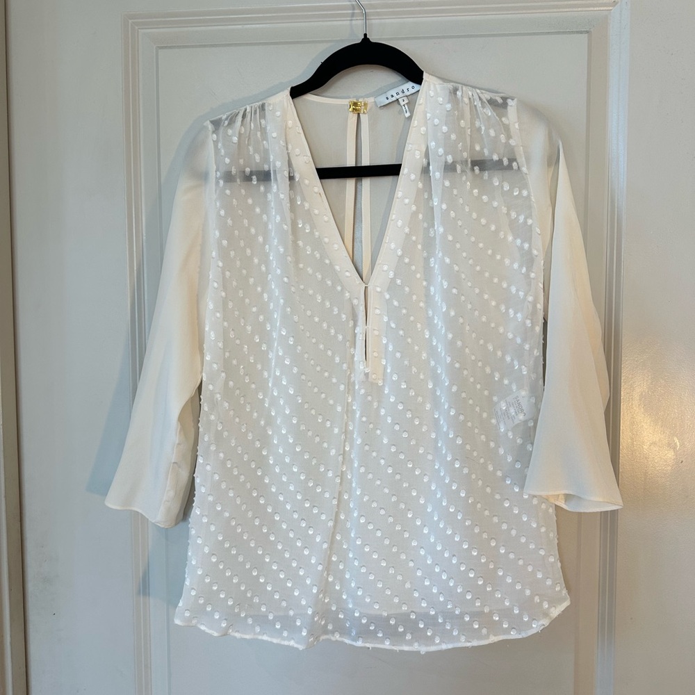 Sandro Silk Swiss Dot Cream V- Neck Long Sleeve Designer Blouse, Size 2